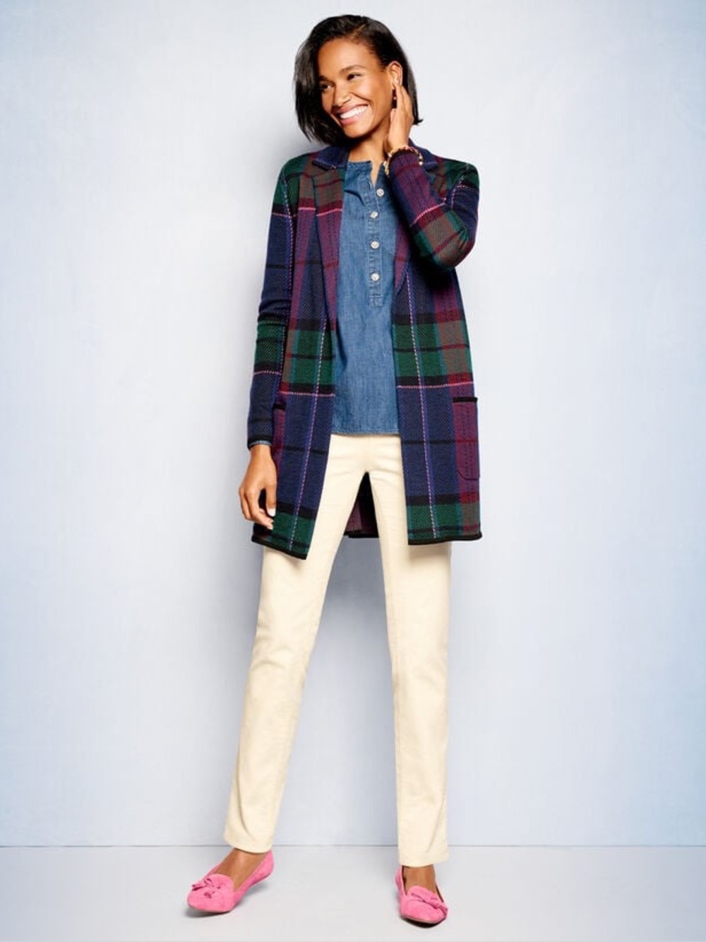 TALBOTS WEEKEND PLAID MERINO SWEATER JACKET